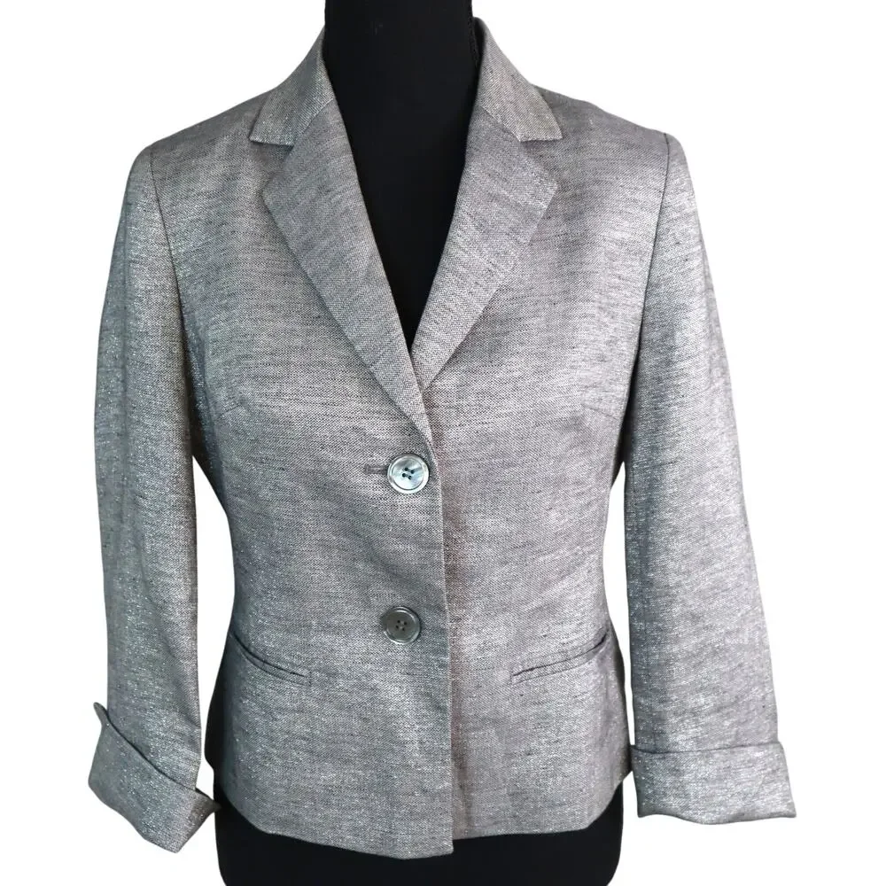 Talbots LINEN Gray Metallic Skirt Suit Mini Pleated 3/4 Sleeves Womens 2 4P work - Picture 2 of 8